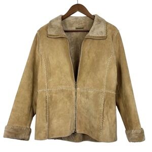Vintage 90s GUESS Jacket‎ Women Medium Tan Leather Stitching Shearling Fur Trim
